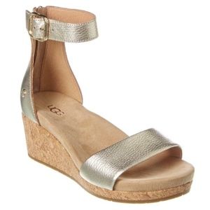Ugg Women's Zoe II Wedge Sandals Metallic Gold Leather Platform Sz 9 M